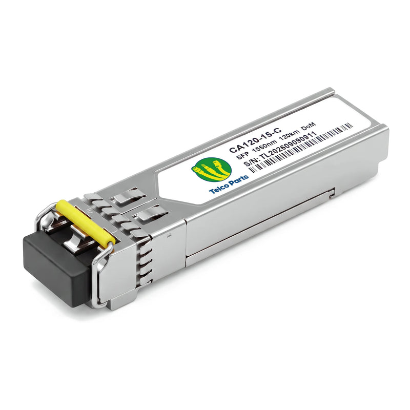 Telco Parts 1000BASE-EZX SFP 1550nm 120km DOM LC SMF transceiver module, three-quarter view