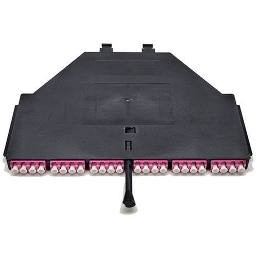 CDOM4E2 OM4 MPO cassette with 24 fiber breakout, 2 x 12 fiber MPO male connectors, 6 quad duplex LC adapters and integrated MPO adapters for high density datacenter fiber patch panels