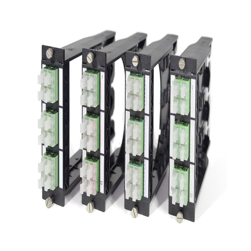 FO DCS 3U 7HP BO module with 6 LC quad APC adapters for OS2 9/125 singlemode fiber high density datacenter patch panel systems