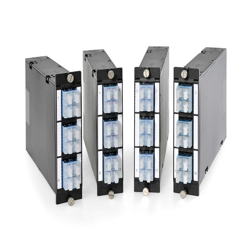 FO DCS 3U 7HP MTP module with 2 MTP to 6 LC quad connectors for OS2 9/125 singlemode fiber high density datacenter patch panel systems