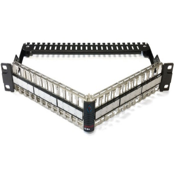 48 port angled patch panel 19 inch rackmount 1U copper network patch panel for structured cabling and data center connectivity