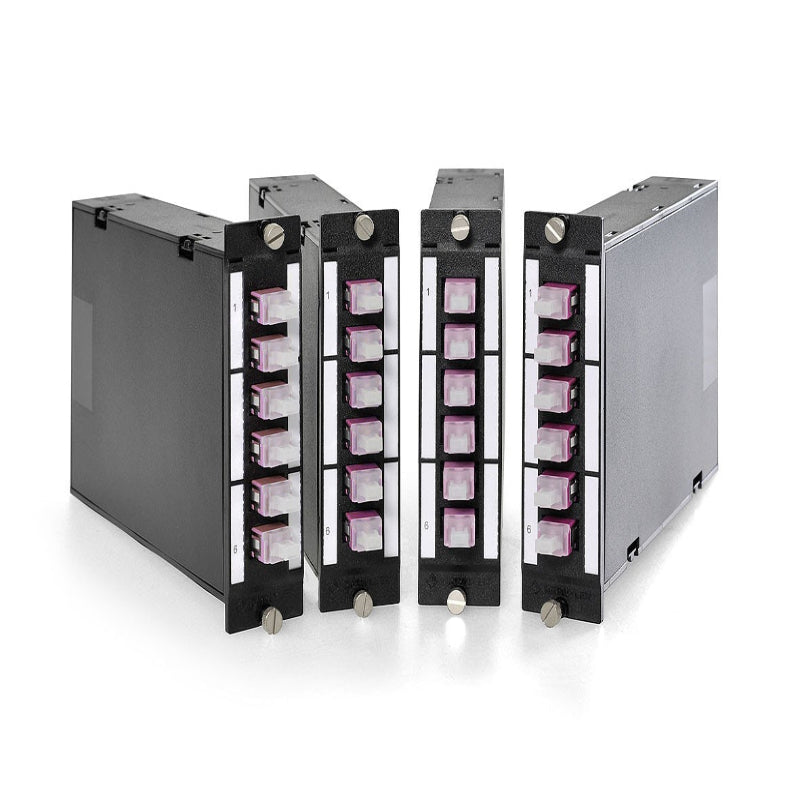FO DCS 3U 7HP MTP module with 1 MTP to 6 LC duplex connectors for OM4 50/125 multimode fiber high density datacenter patch panel systems