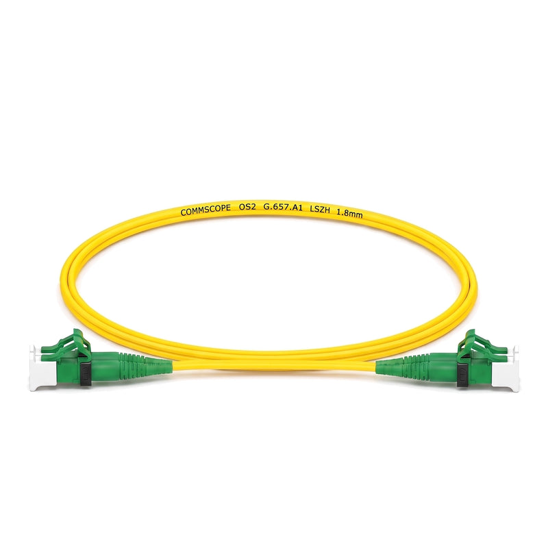 LC/APC to LC/APC OS2 singlemode duplex fibre patch cord, yellow 1.8 mm LSZH jacket, green APC connectors