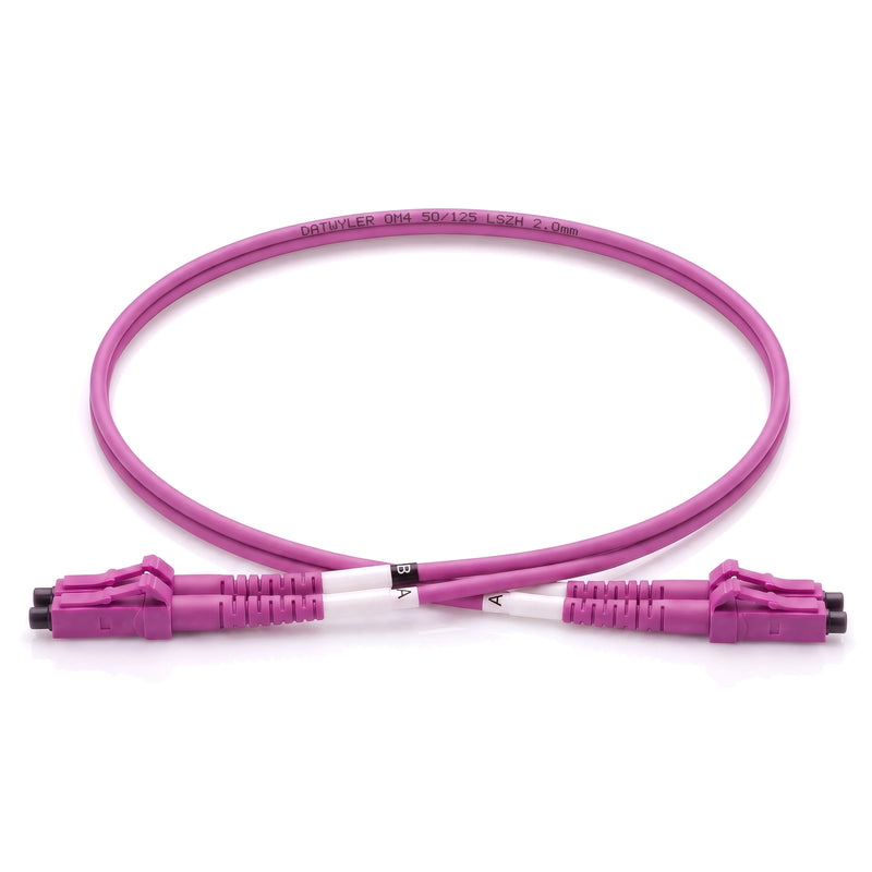 Datwyler LC/PC to LC/PC OM4 duplex fiber patch cable with heather-violet LSZH jacket