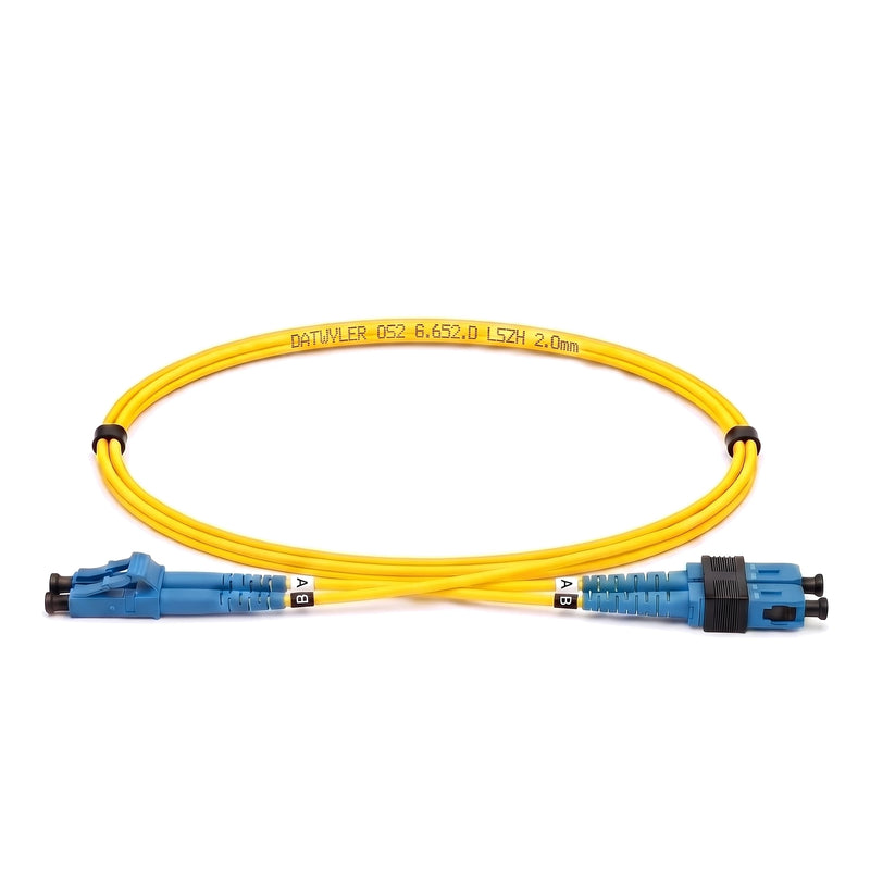 Datwyler LC/PC to SC/PC OS2 singlemode duplex fibre patch cord, yellow 2.0 mm LSZH jacket, blue PC connectors