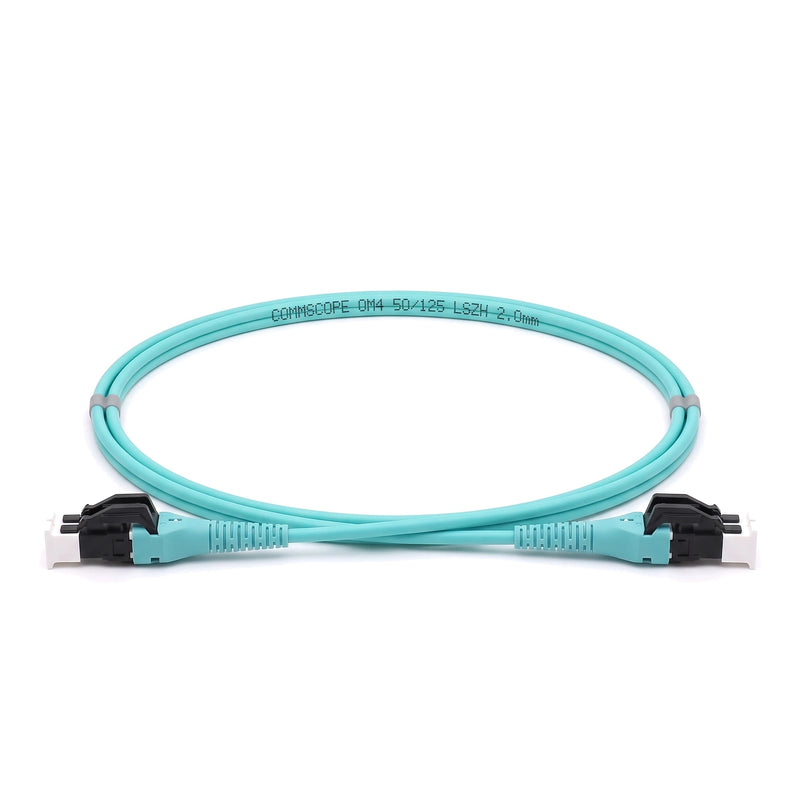 CommScope OM4 LC/UPC Uniboot to LC/UPC Uniboot duplex fiber optic patch cord aqua LSZH 50/125 multimode 2.0 mm for high density data center connectivity