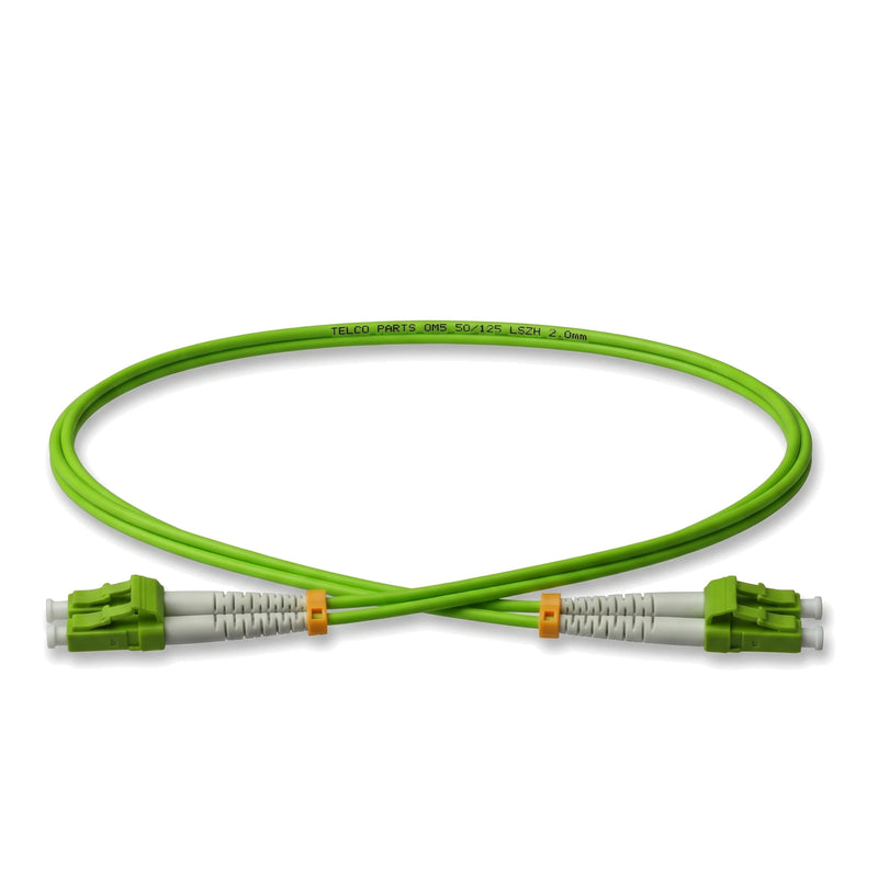 Telco Parts duplex OM5 LC/UPC to LC/UPC fiber patch cable with lime-green LSZH jacket