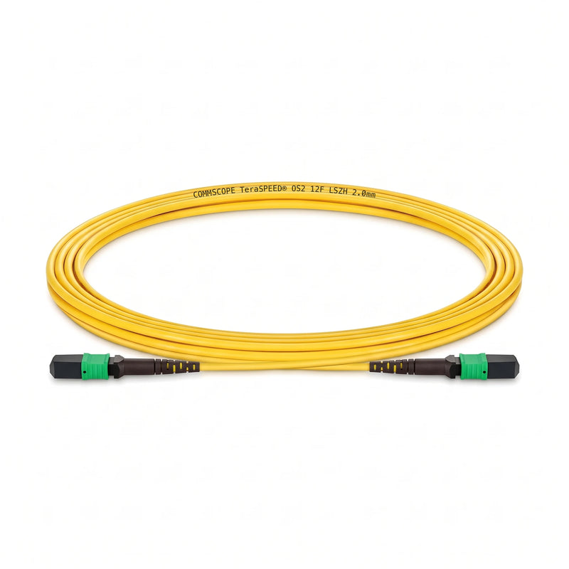 CommScope ULL TeraSPEED MPO-12 to MPO-12 OS2 singlemode fiber optic trunk cable with yellow LSZH jacket
