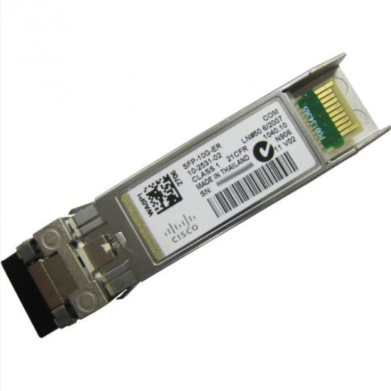 Cisco SFP-10G-ER 10GBASE-ER SFP+ extended reach transceiver module with 1550nm wavelength and LC duplex connector for 40km single mode fiber.