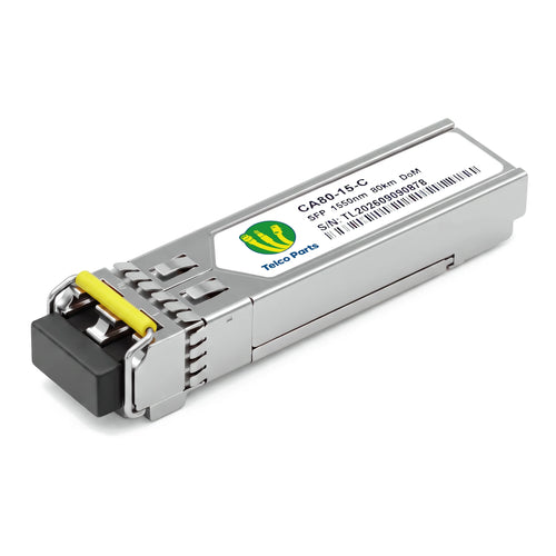 Telco Parts 1000BASE-ZX SFP 1550nm 80km DOM LC SMF transceiver module, three-quarter view