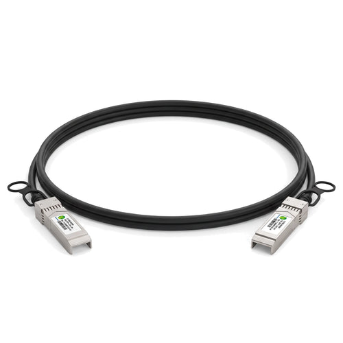 10G SFP+ passive direct attach copper twinax cable, black cable coiled in a wide loop with both SFP+ connectors at the front