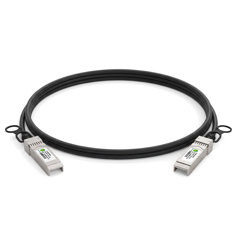 10G SFP+ passive direct attach copper twinax cable, black cable coiled in a wide loop with both SFP+ connectors at the front