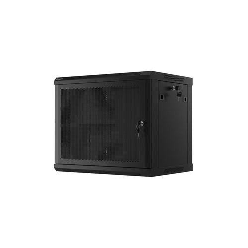 19 inch 9U wall mount network cabinet with perforated ventilation door, black compact server rack enclosure for IT equipment and patch panels wall installation