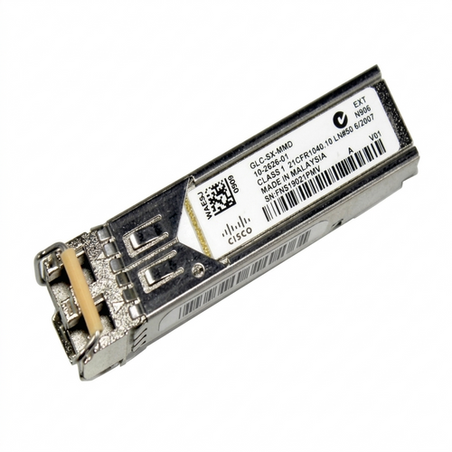 Cisco GLC-SX-MMD 1000BASE-SX SFP transceiver module with 850nm wavelength and LC duplex connector for multimode fiber.