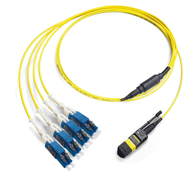 MTP/APC female to 4x LC duplex OS2 singlemode fiber optic fanout cable yellow LSZH 9/125 G.652.D breakout cable for data center connectivity