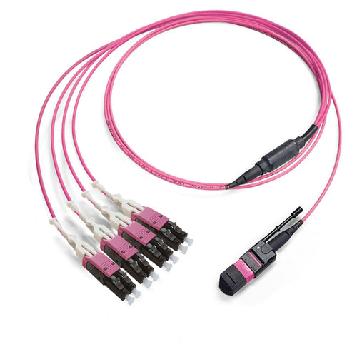 MTP/PC female to 4x LC duplex OM4 multimode fiber optic fanout cable magenta LSZH 50/125 breakout cable for high density data center connectivity