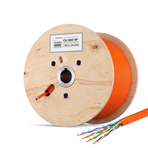 Datwyler CU 692 4P Cat6A U/UTP AWG23 FRNC/LSZH orange bulk cable on a wooden drum, 500 m