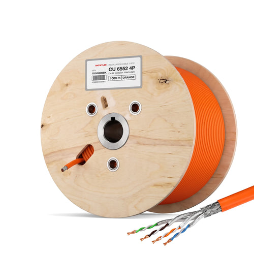 Datwyler CU 6552 4P Cat6A F/FTP AWG23 FRNC/LSZH orange bulk cable on a wooden drum, 1000 m