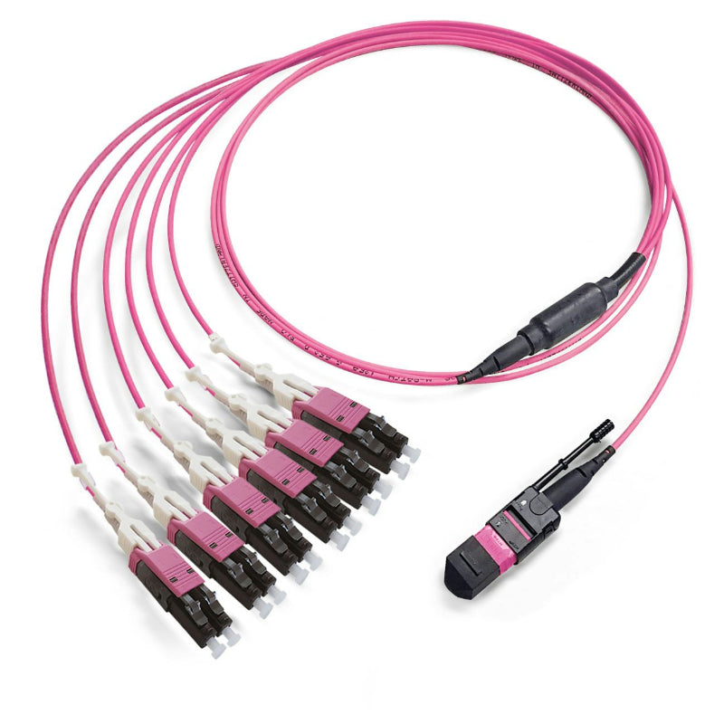 MTP/PC female to 6x LC duplex OM4 multimode fiber optic fanout cable magenta LSZH 50/125 breakout cable for high density data center connectivity