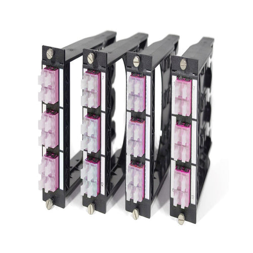 FO DCS 3U 7HP BO module with 6 LC quad adapters for OM4 50/125 multimode fiber high density datacenter patch panel systems