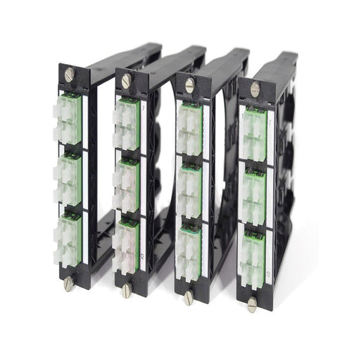 FO DCS 3U 7HP BO module with 6 LC quad APC adapters for OS2 9/125 singlemode fiber high density datacenter patch panel systems