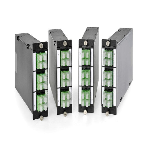 FO DCS 3U 7HP MTP module with 2 MTP to 6 LC quad APC connectors for OS2 9/125 singlemode fiber high density datacenter patch panel systems