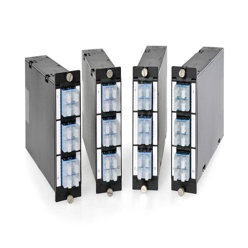 FO DCS 3U 7HP MTP module with 2 MTP to 6 LC quad connectors for OS2 9/125 singlemode fiber high density datacenter patch panel systems