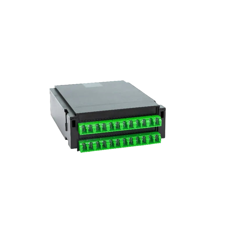 HD DCS BO module with 12 LC duplex APC adapters for OS2 singlemode fiber high density datacenter patch panels and rackmount fiber distribution systems