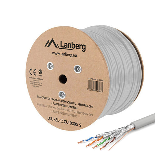 Lanberg LCUF6L-11CU-0305-S Cat6A U/FTP solid copper LSZH grey bulk cable, 305 m drum with a stripped cable end showing four foil shielded twisted pairs
