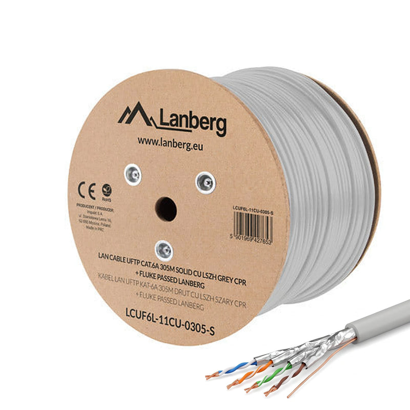Lanberg LCUF6L-11CU-0305-S Cat6A U/FTP solid copper LSZH grey bulk cable, 305 m drum with a stripped cable end showing four foil shielded twisted pairs