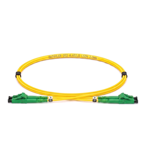 Datwyler LC/APC to LC/APC OS2 singlemode duplex fibre patch cord, yellow 2.0 mm LSZH jacket, green APC connectors