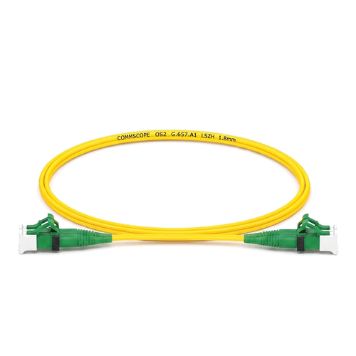 LC/APC to LC/APC OS2 singlemode duplex fibre patch cord, yellow 1.8 mm LSZH jacket, green APC connectors