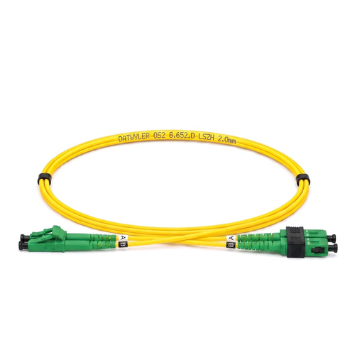 Datwyler LC/APC to SC/APC OS2 singlemode duplex fibre patch cord, yellow 2.0 mm LSZH jacket, green APC connectors