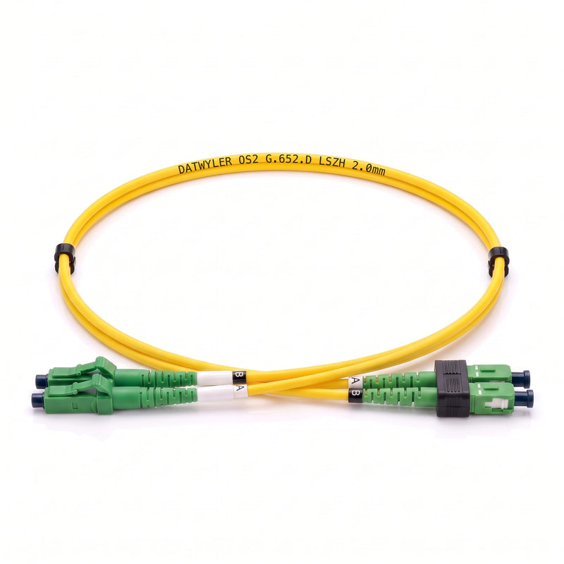 Datwyler LC/APC to SC/APC OS2 duplex fiber patch cable with yellow LSZH jacket