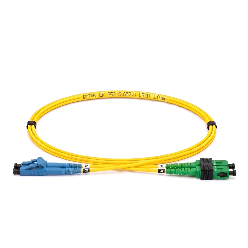 Datwyler LC/PC to SC/APC OS2 singlemode duplex fibre patch cord, yellow 2.0 mm LSZH jacket, blue LC connector and green SC connector