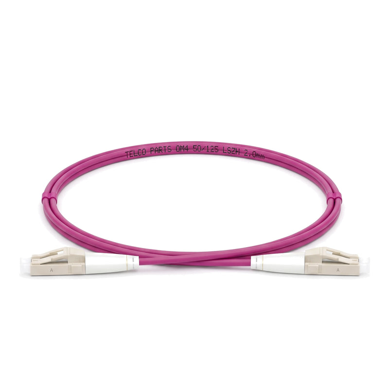 LC UPC to LC UPC uniboot duplex OM4 multimode fiber optic patch cable, magenta LSZH 2.0 mm jacket