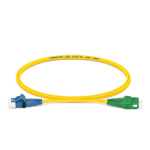 LC/UPC to SC/APC OS2 singlemode duplex fibre patch cord, yellow 1.8 mm LSZH jacket, blue LC connector and green SC connector