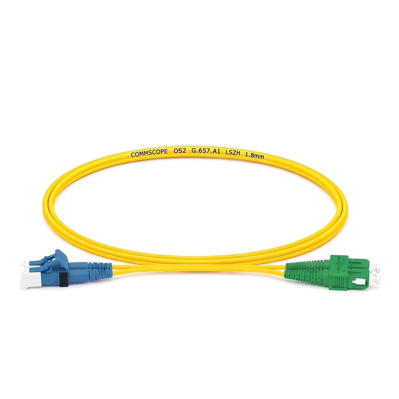 LC/UPC to SC/APC OS2 singlemode duplex fibre patch cord, yellow 1.8 mm LSZH jacket, blue LC connector and green SC connector