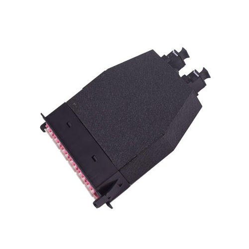 24 fiber OM4 MPO cassette with MPO male low loss connector to 24 LC breakout, 12 duplex LC adapters for high density multimode datacenter fiber patch panels and rackmount systems