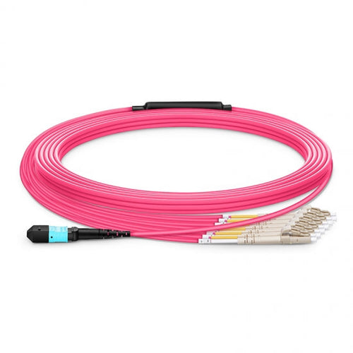 MTP-24 female to 12x LC duplex OM4 multimode fiber optic breakout cable magenta LSZH 50/125 elite 24 fiber MTP to LC patch cord for high density data center connectivity
