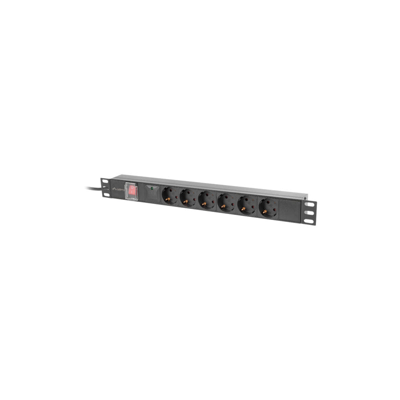 19 inch 1U rackmount PDU 16A with 6 Schuko outlets and 2 meter power cable for server racks and IT network cabinets
