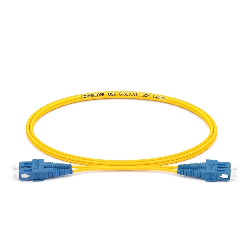 CommScope SC/UPC to SC/UPC OS2 singlemode duplex fibre patch cord, yellow 1.8 mm LSZH jacket, blue UPC connectors