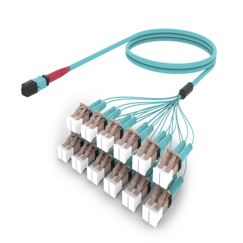 MPO-24-zu-LC/UPC-OM4-Multimode-Glasfaser-Verteilerkabel, aqua, LSZH, extrem verlustarm, 24-faseriges MPO-zu-LC-Patchkabel für die hochdichte Anbindung in Rechenzentren