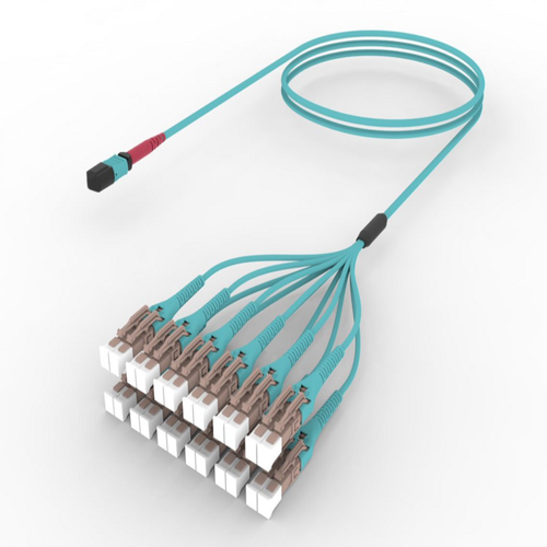 MPO-24 to LC/UPC OM4 multimode fiber optic breakout cable aqua LSZH ultra low loss 24 fiber MPO to LC uniboot patch cord for high density data center connectivity