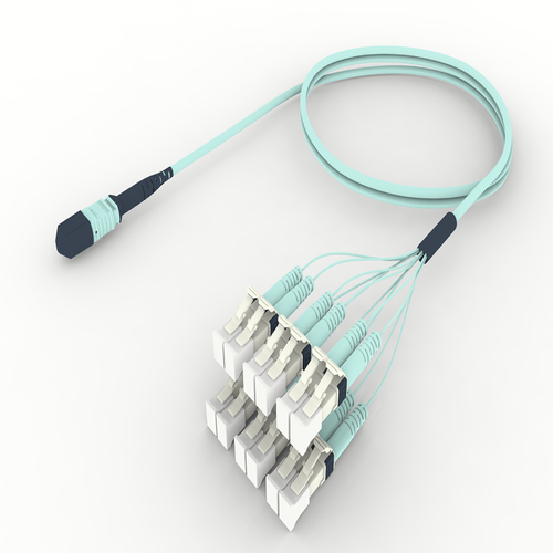 MPO-12 to LC/UPC OM4 multimode fiber optic fanout cable aqua LSZH ultra low loss LazrSPEED 550 InstaPATCH 360 ruggedized MPO to LC breakout cable for high density data center connectivity