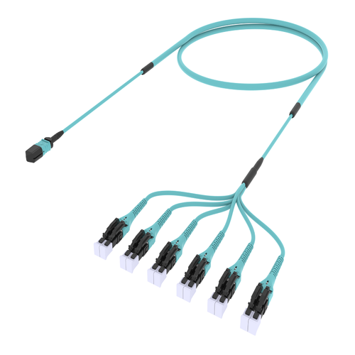 MPO-12 to LC/UPC OM4 multimode fiber optic fanout cable aqua LSZH ultra low loss LazrSPEED 550 ruggedized MPO to LC uniboot breakout cable for high density data center connectivity