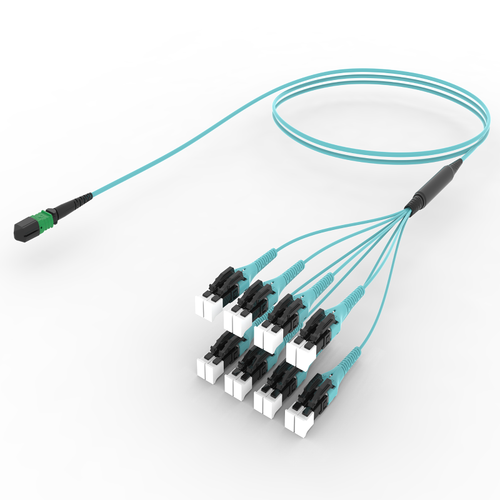 MPO-24 to LC/UPC OM4 multimode fiber optic fanout cable aqua LSZH ultra low loss LazrSPEED 550 ruggedized MPO to LC uniboot breakout cable for high density data center connectivity