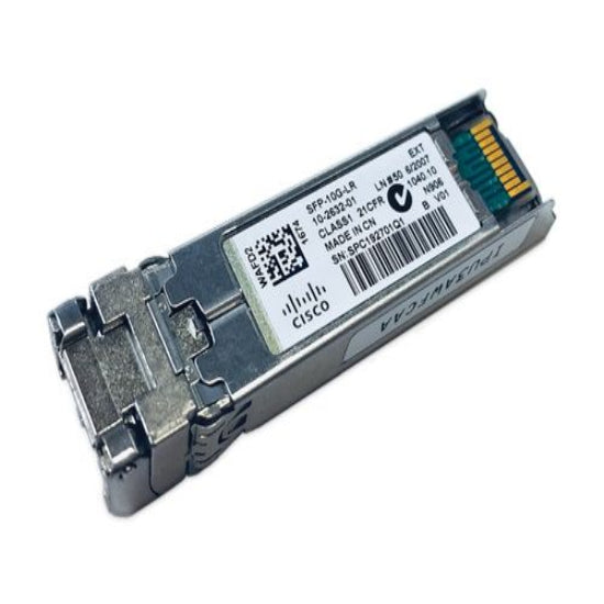 Cisco SFP-10G-LR 10GBASE-LR SFP+ transceiver module with 1310nm wavelength and LC duplex connector for single mode fiber (SMF).